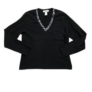 McDuff Womens 100% Cashmere V-Neck Sweater Sz L Black Sequin Soft